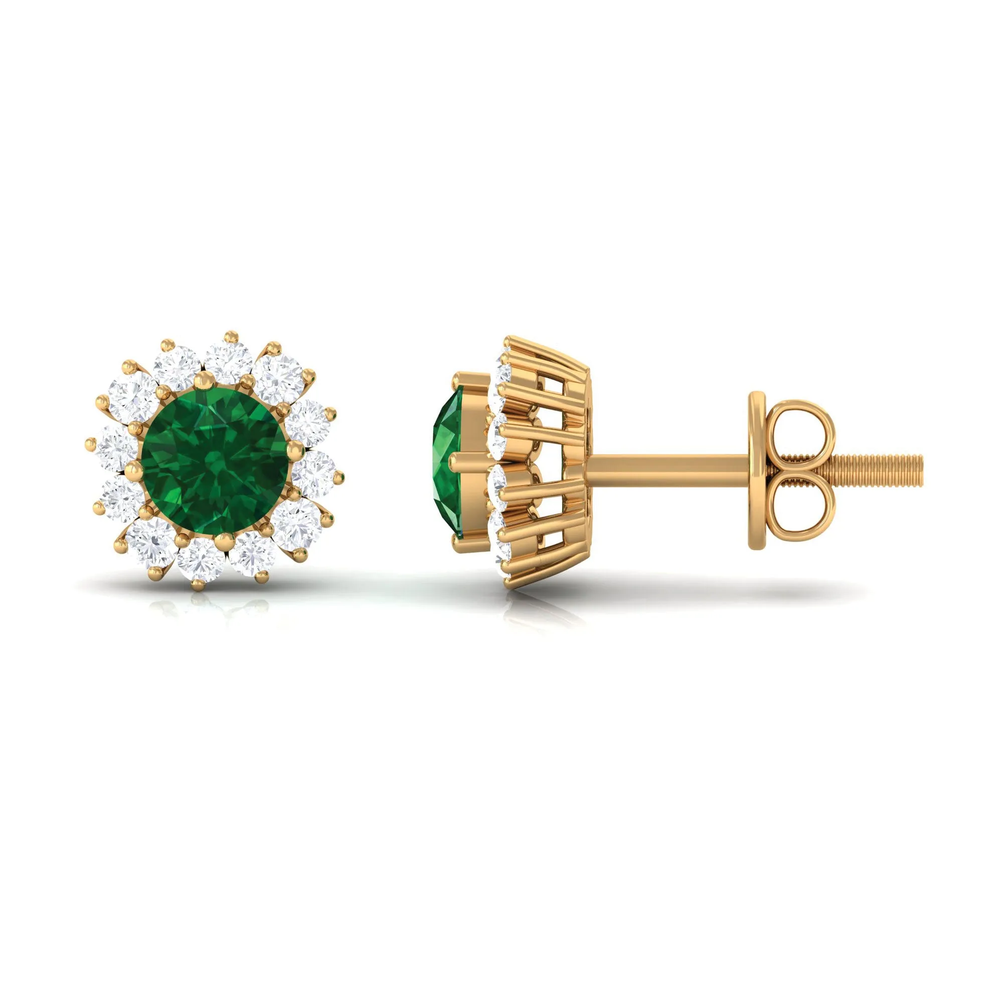 1 CT Certified Created Emerald and Diamond Halo Stud Earrings