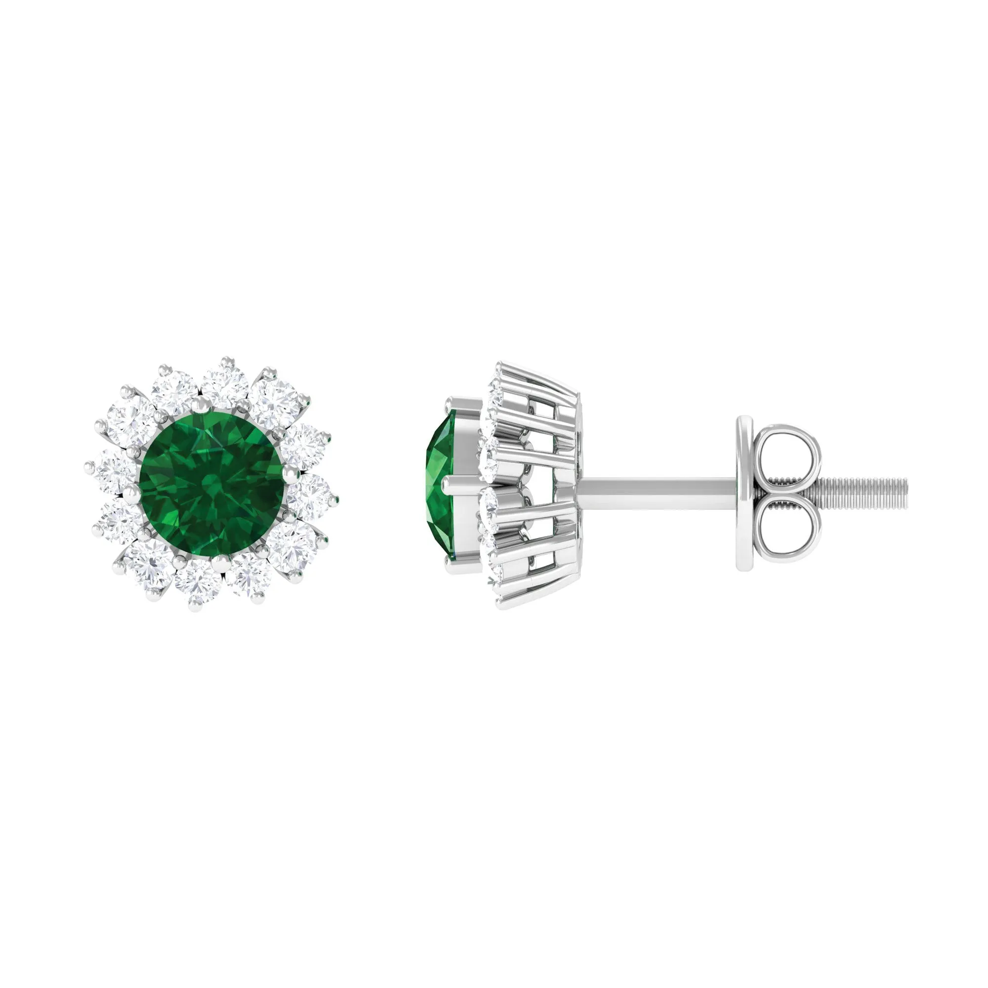 1 CT Certified Created Emerald and Diamond Halo Stud Earrings