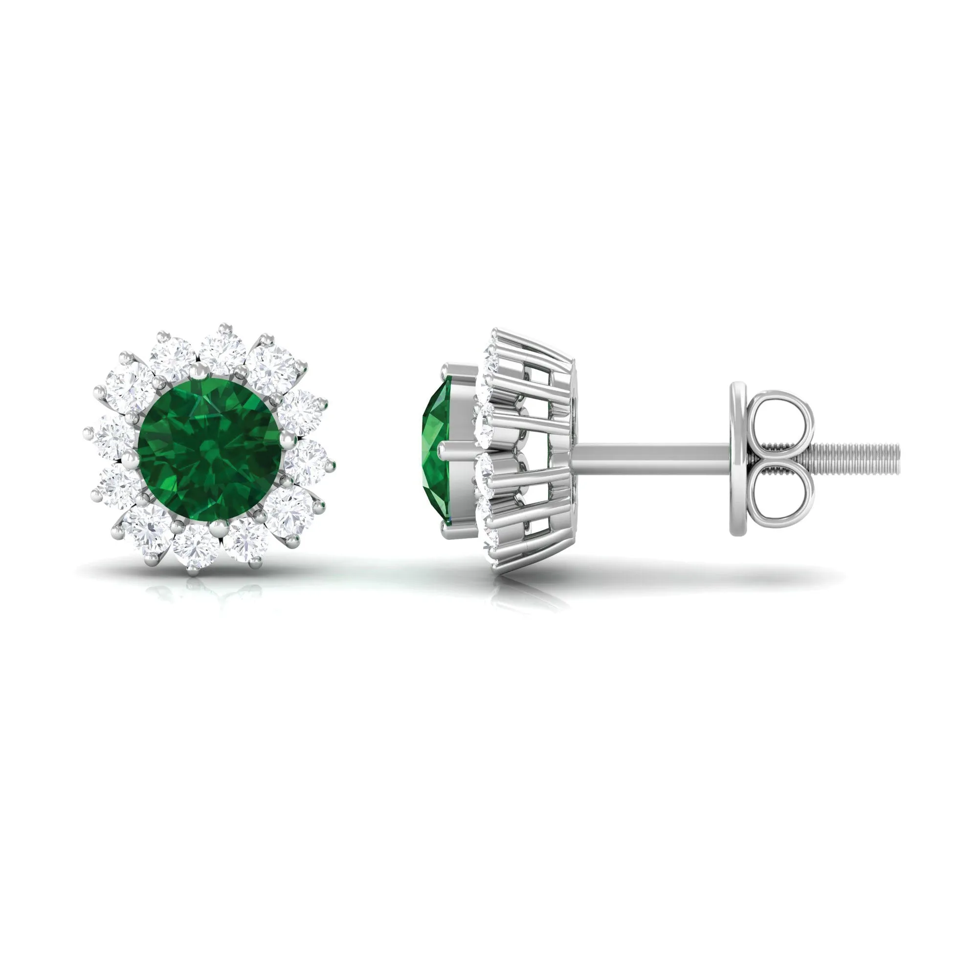 1 CT Certified Created Emerald and Diamond Halo Stud Earrings