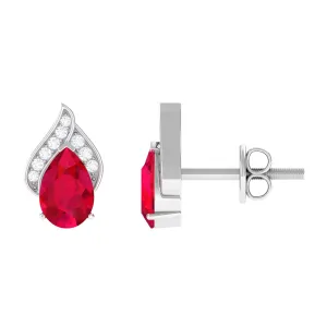 1 CT Teardrop Stud Earrings with Lab Grown Ruby and Diamond