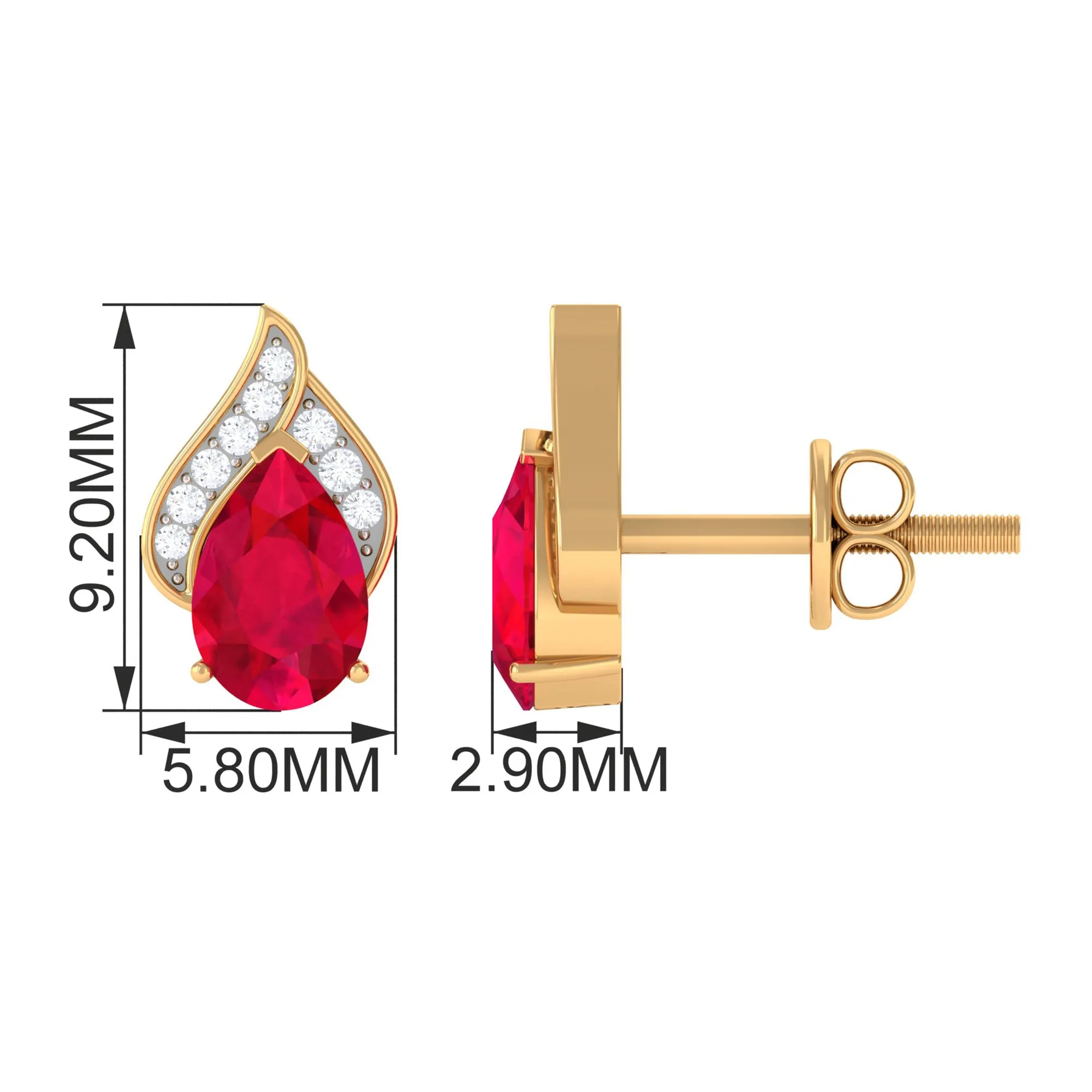 1 CT Teardrop Stud Earrings with Lab Grown Ruby and Diamond