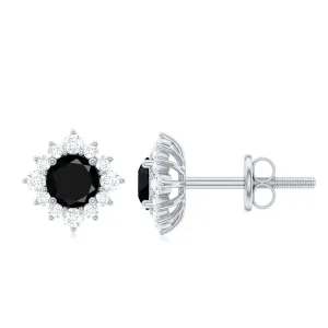 1.25 CT Black Spinel and Diamond Classic Halo Stud Earrings in Prong Setting