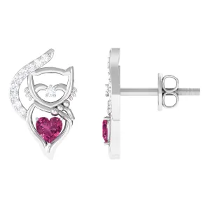 1/4 CT Heart Shape Pink Tourmaline and Diamond Cat Stud Earring