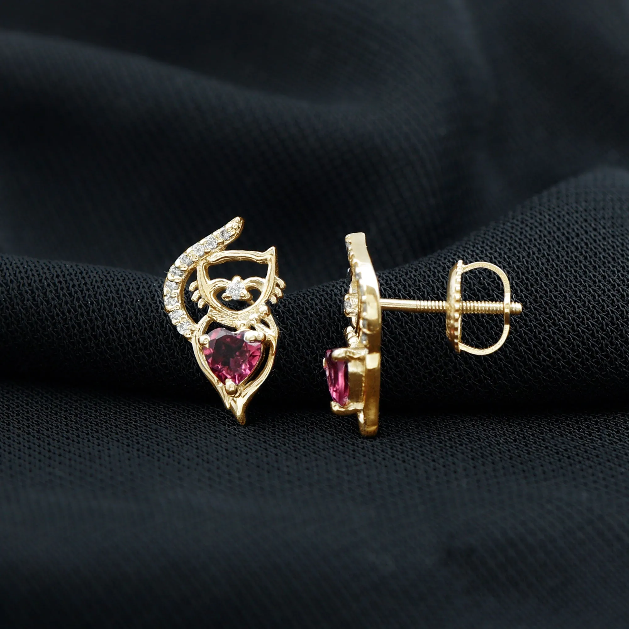 1/4 CT Heart Shape Pink Tourmaline and Diamond Cat Stud Earring