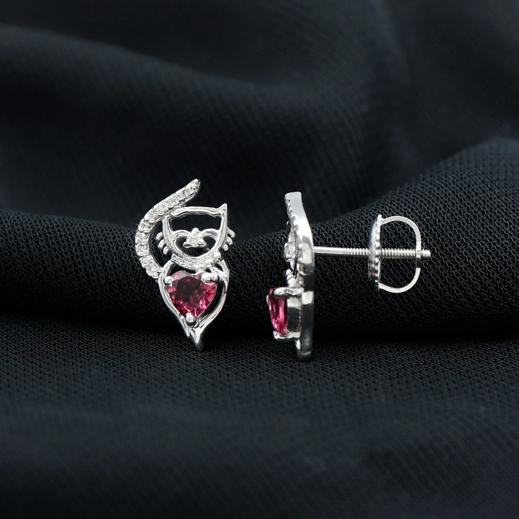 1/4 CT Heart Shape Pink Tourmaline and Diamond Cat Stud Earring