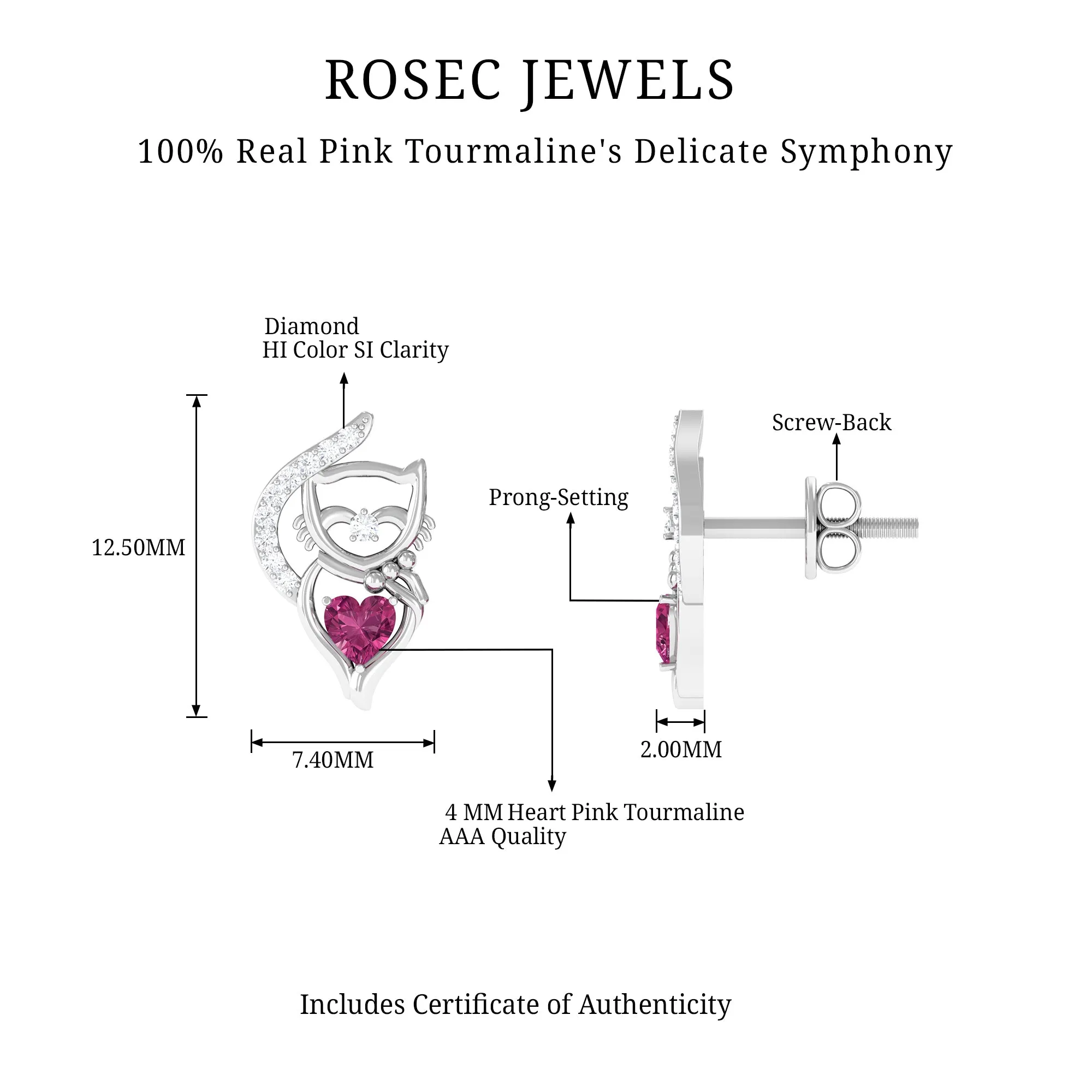 1/4 CT Heart Shape Pink Tourmaline and Diamond Cat Stud Earring