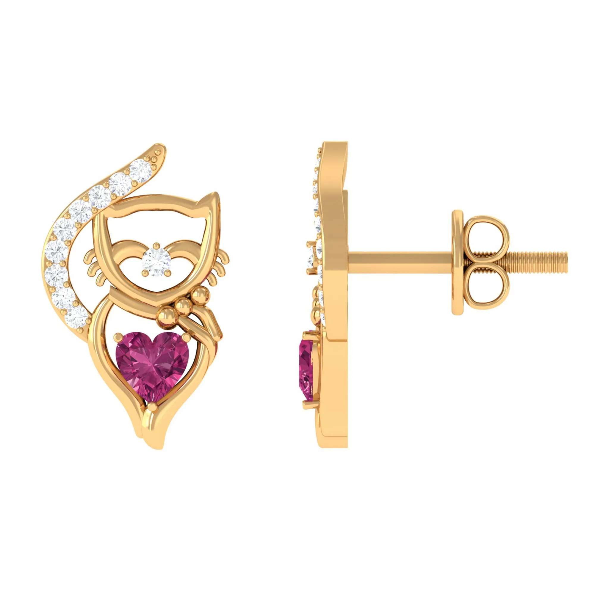 1/4 CT Heart Shape Pink Tourmaline and Diamond Cat Stud Earring