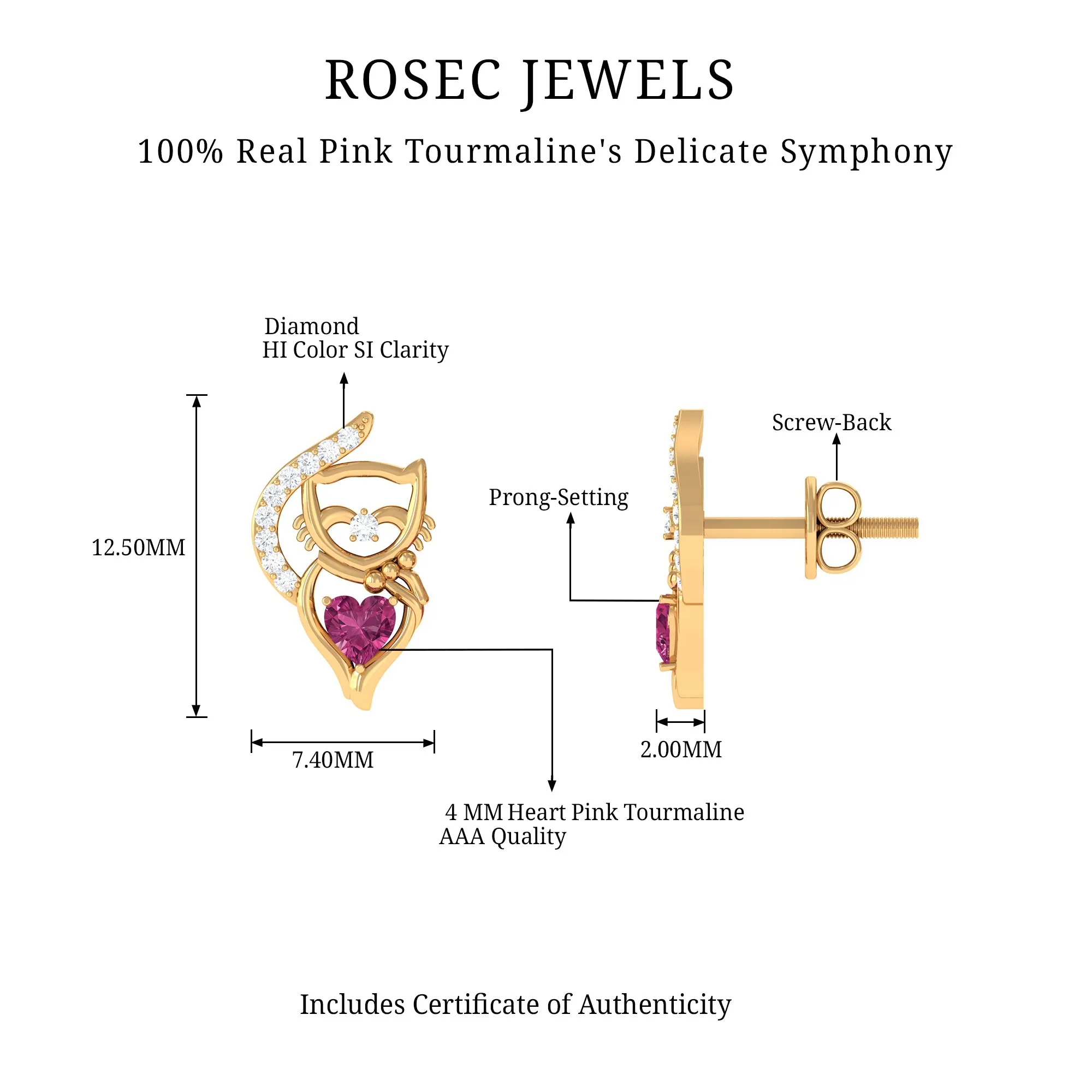 1/4 CT Heart Shape Pink Tourmaline and Diamond Cat Stud Earring