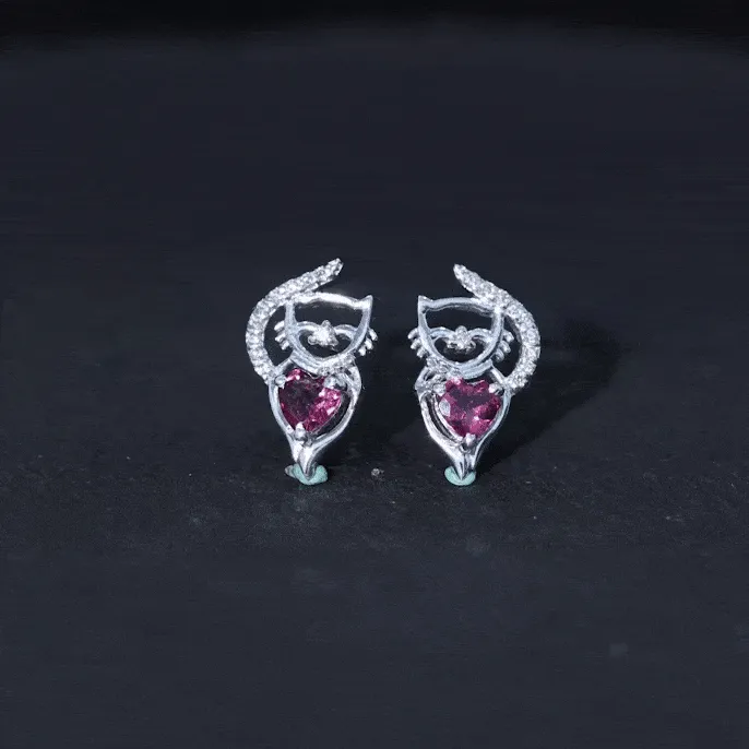 1/4 CT Heart Shape Pink Tourmaline and Diamond Cat Stud Earring