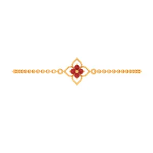 14k Gold Bracelet Floral Designed Red Gems