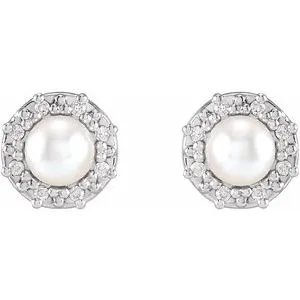 14K White Gold Cultured White Akoya Pearl & .07 CTW Natural Diamond Halo-Style Earrings