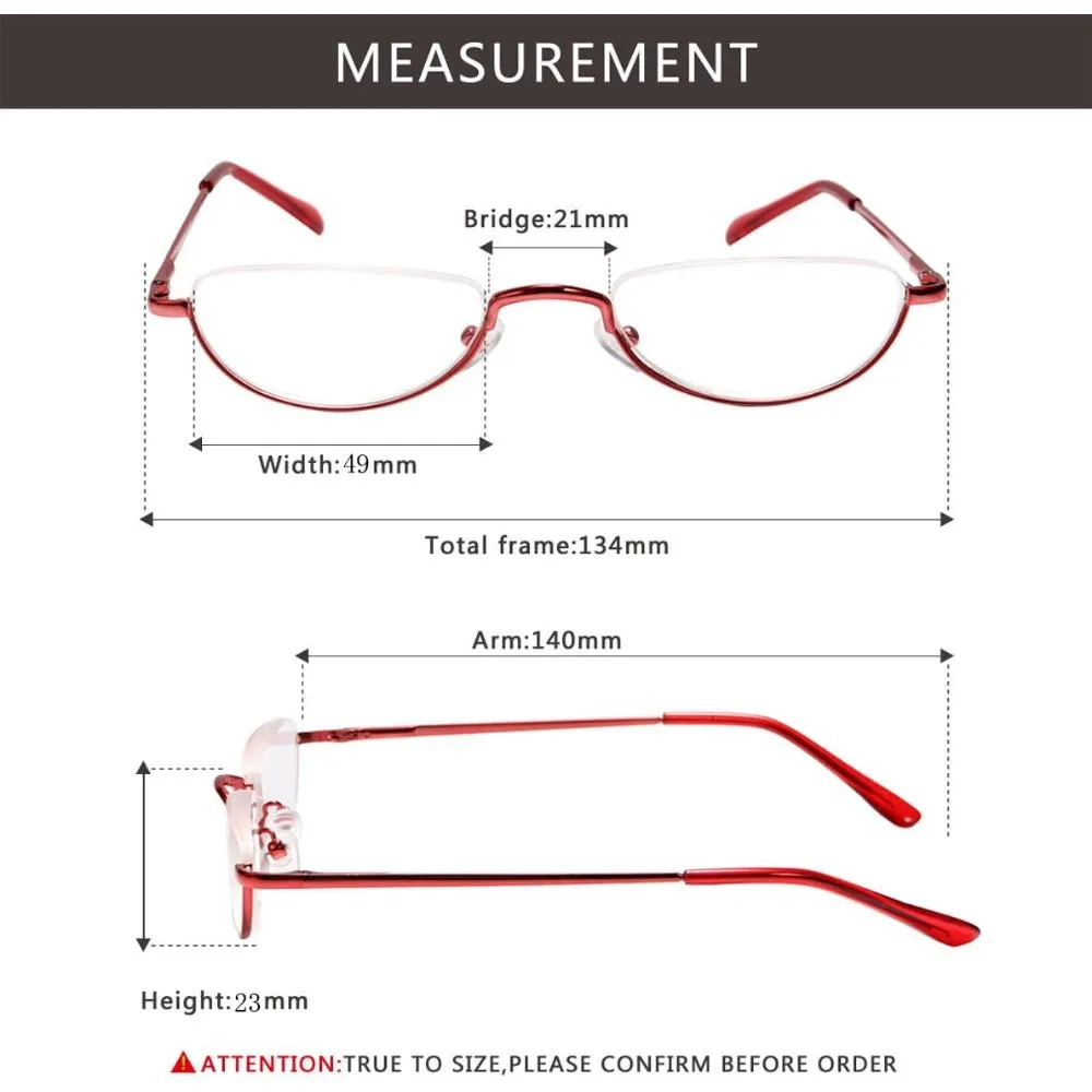 2 Pack Half Moon Reading Glasses丨Flat Top Metal Readers with Spring Hinge A1013