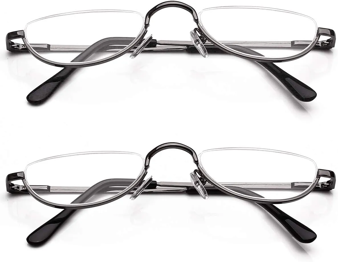 2 Pack Half Moon Reading Glasses丨Flat Top Metal Readers with Spring Hinge A1013