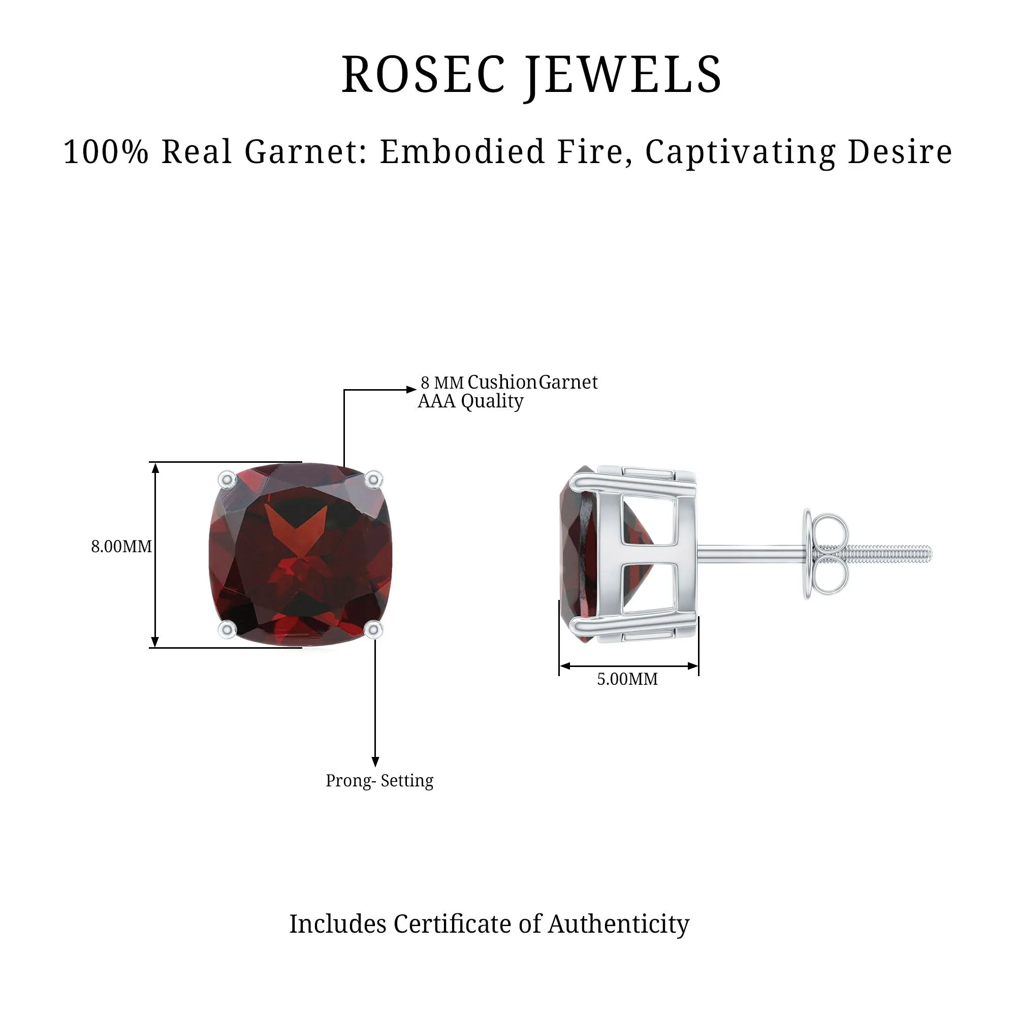 4.25 CT Cushion Cut Garnet Solitaire Stud Earring