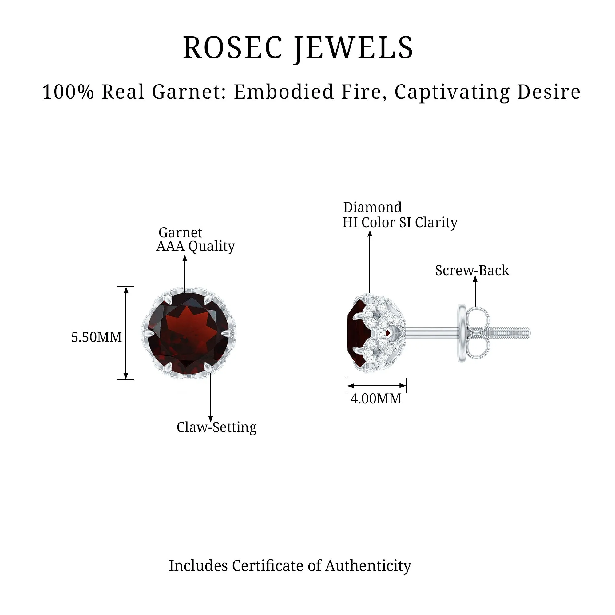 5 MM Garnet Solitaire Stud Earrings with Diamond Accent