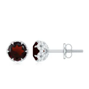 5 MM Garnet Solitaire Stud Earrings with Diamond Accent