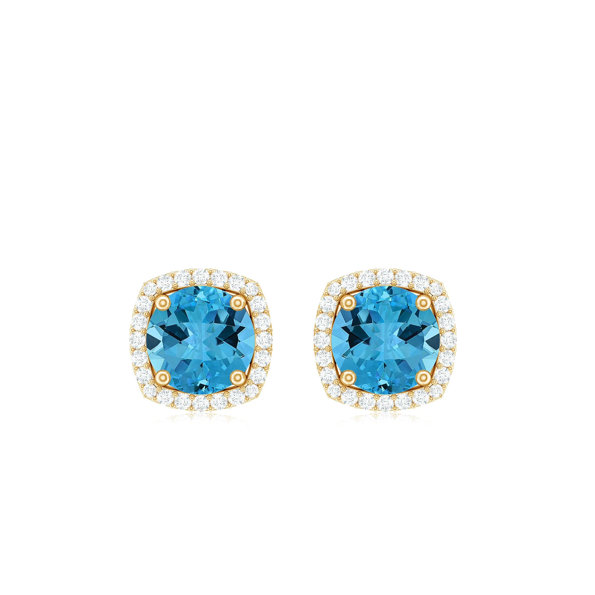 6 MM Round Shape Swiss Blue Topaz Stud Earrings with Diamond Halo