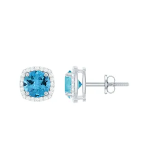 6 MM Round Shape Swiss Blue Topaz Stud Earrings with Diamond Halo