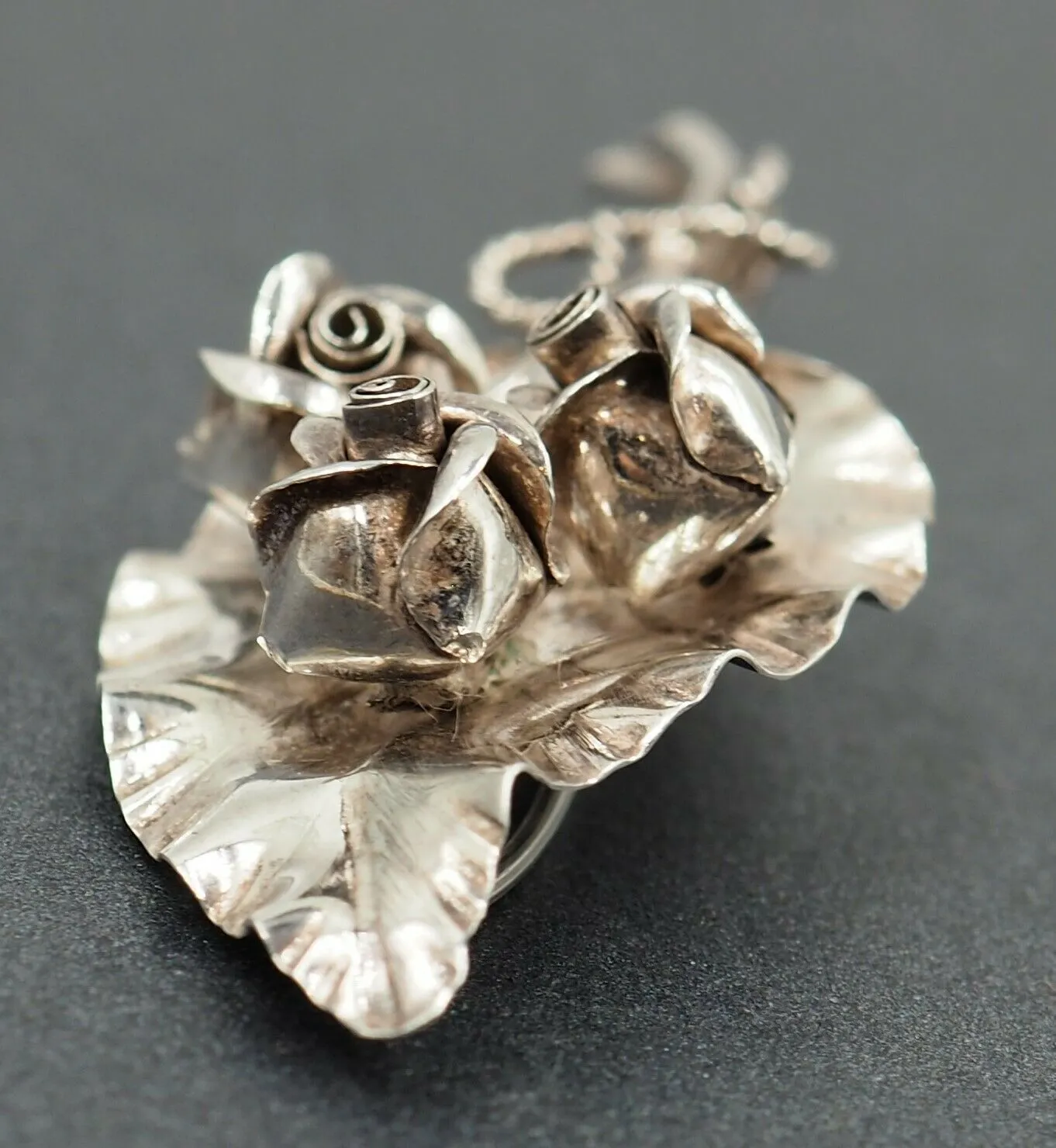 925 Sterling Silver Flower & Leaf  Brooch