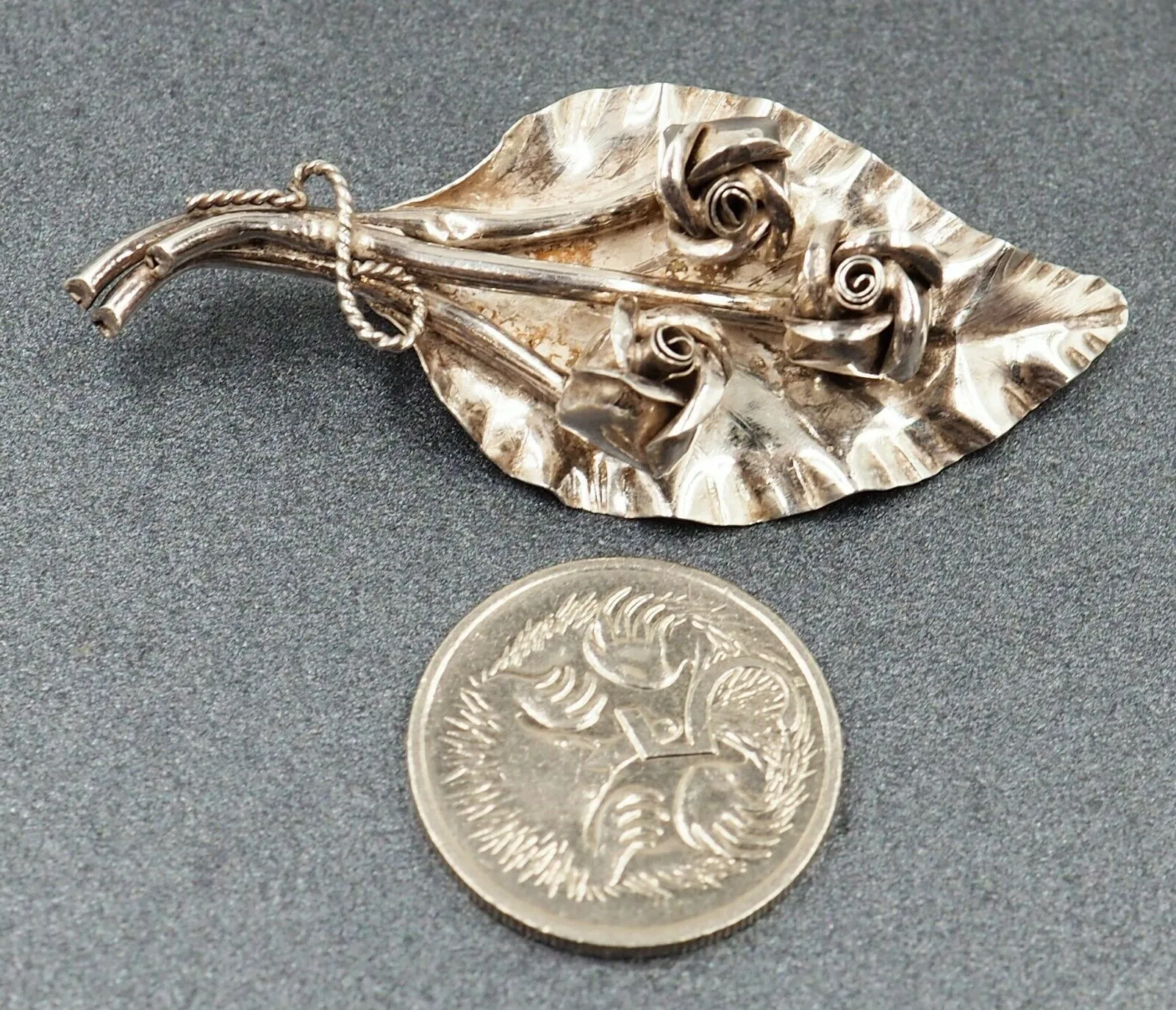 925 Sterling Silver Flower & Leaf  Brooch