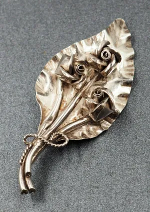 925 Sterling Silver Flower & Leaf  Brooch