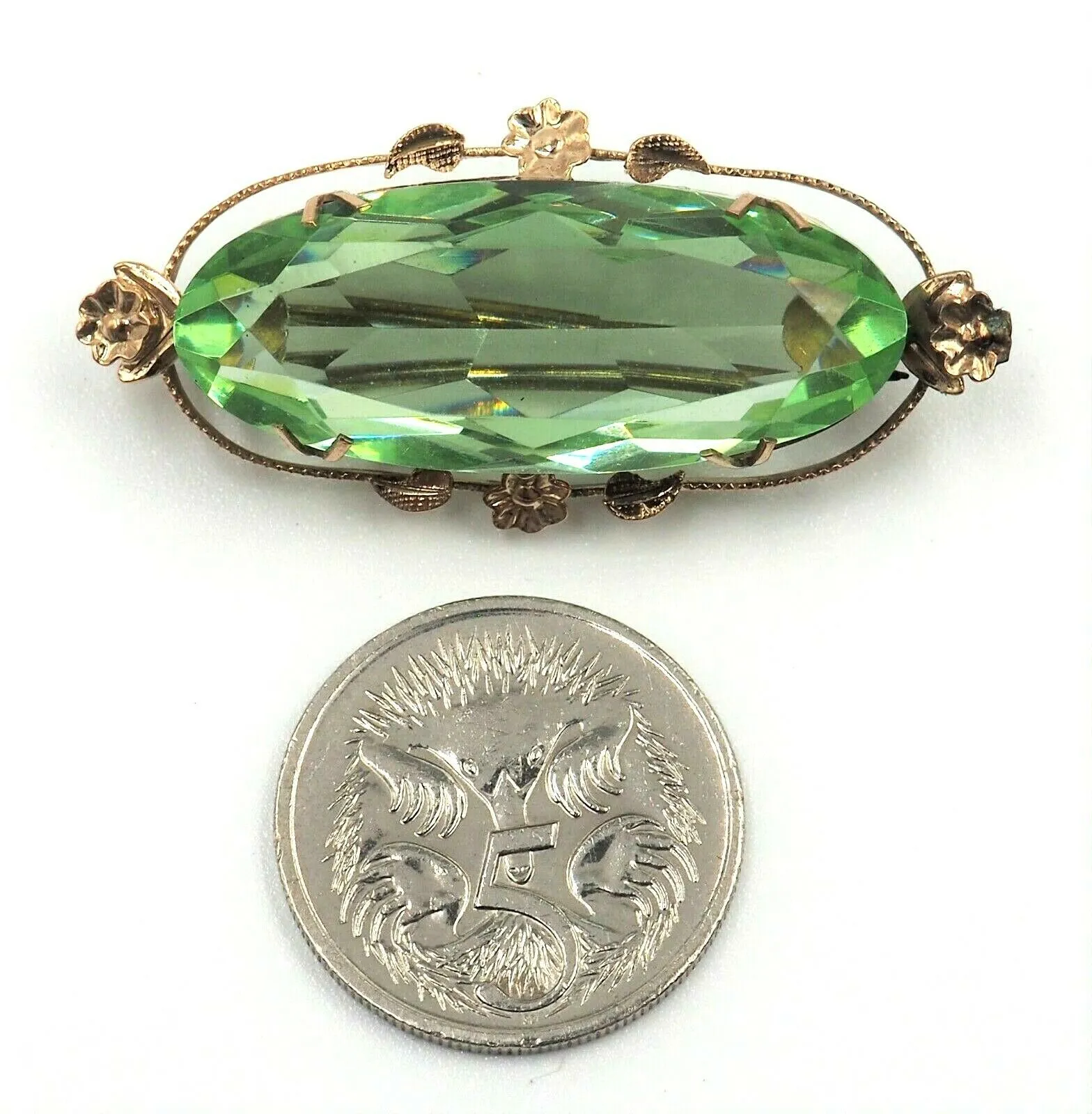 9ct Yellow Gold Green Paste Gemstone Vintage Brooch