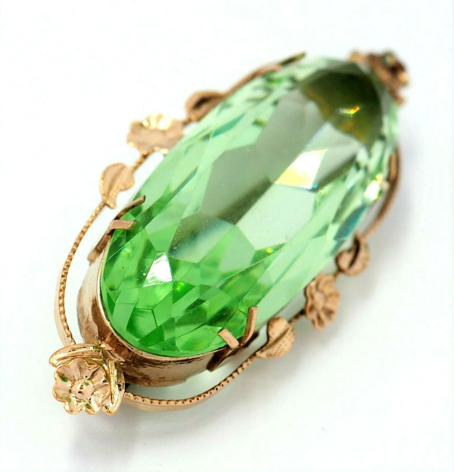 9ct Yellow Gold Green Paste Gemstone Vintage Brooch