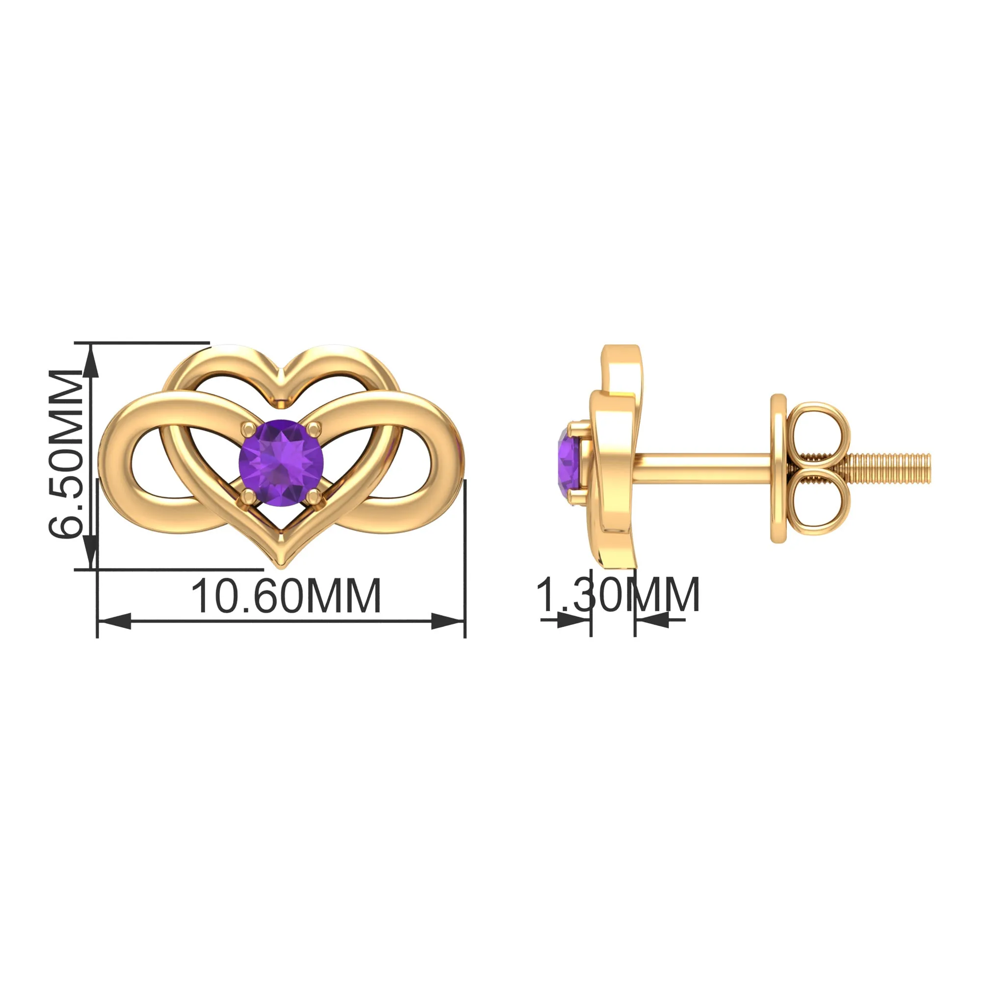 Amethyst Infinity Heart Stud Earrings