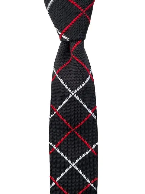 Black Knitted Tie with a Red and White Argyle Pattern