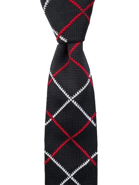 Black Knitted Tie with a Red and White Argyle Pattern