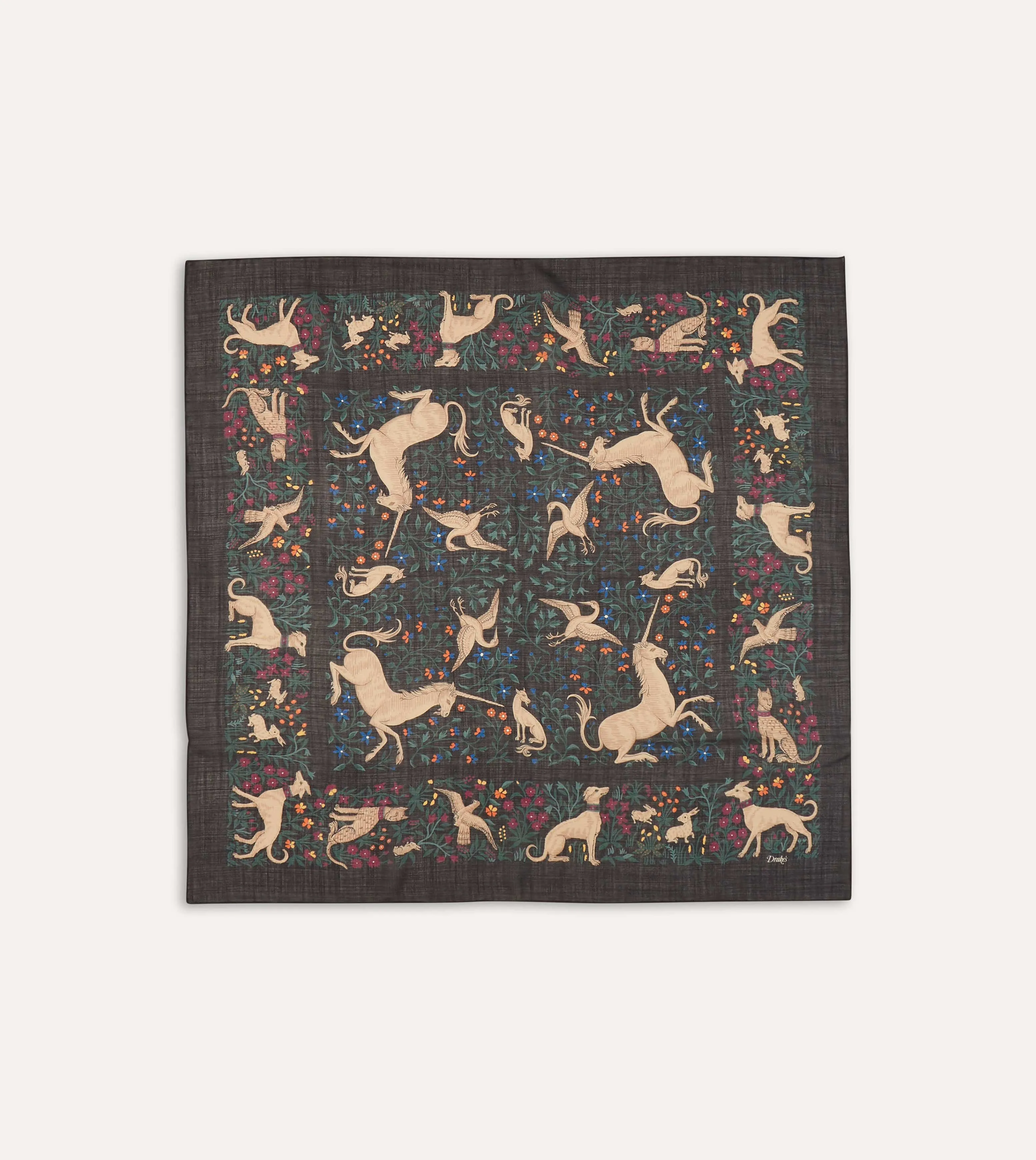 Black Unicorn Print Wool-Silk Square Scarf