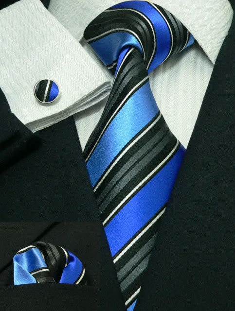 Blue and Black Stripe Silk Necktie Set JPM69H