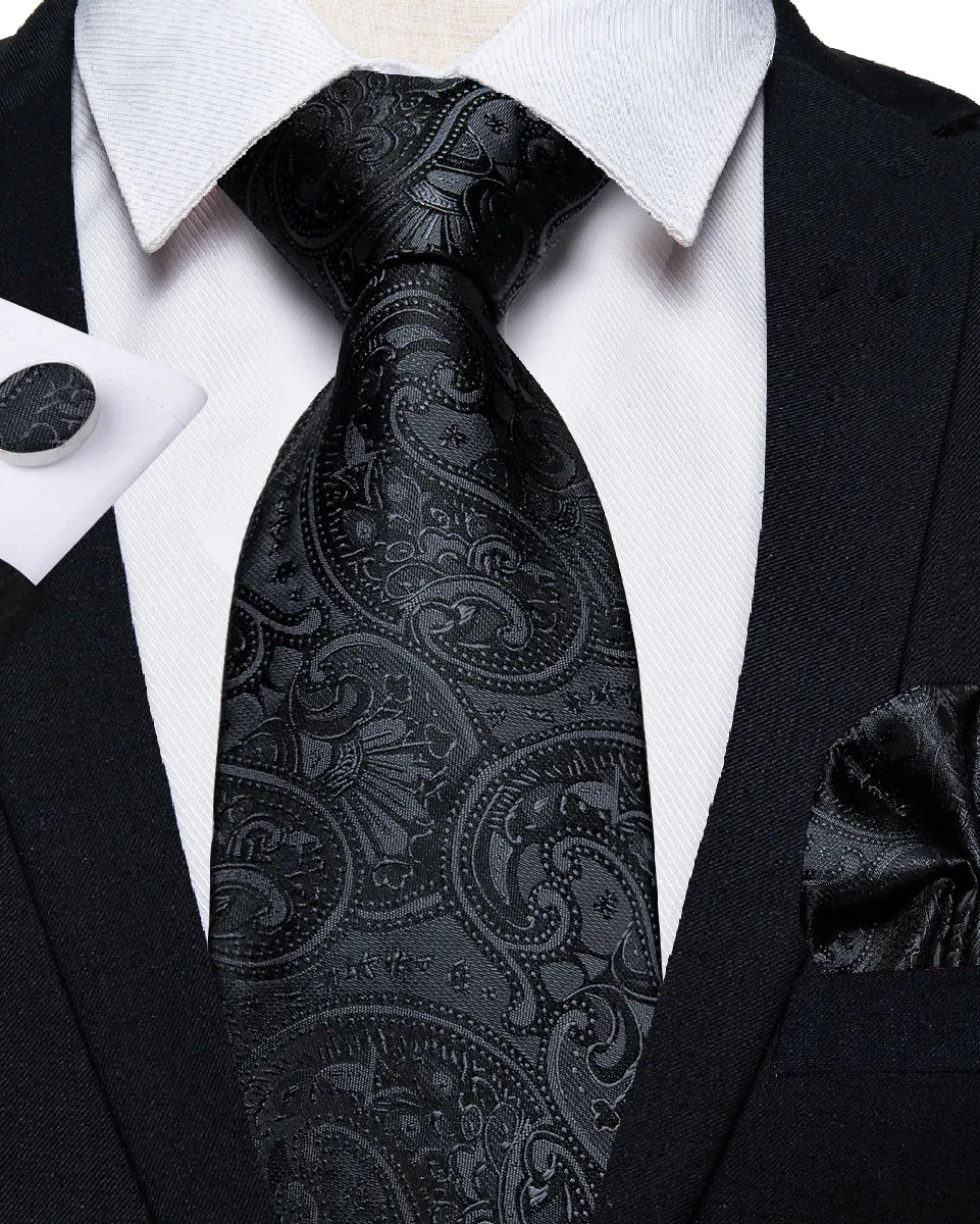 Bright Black Paisley Tie Hanky Cufflinks Set