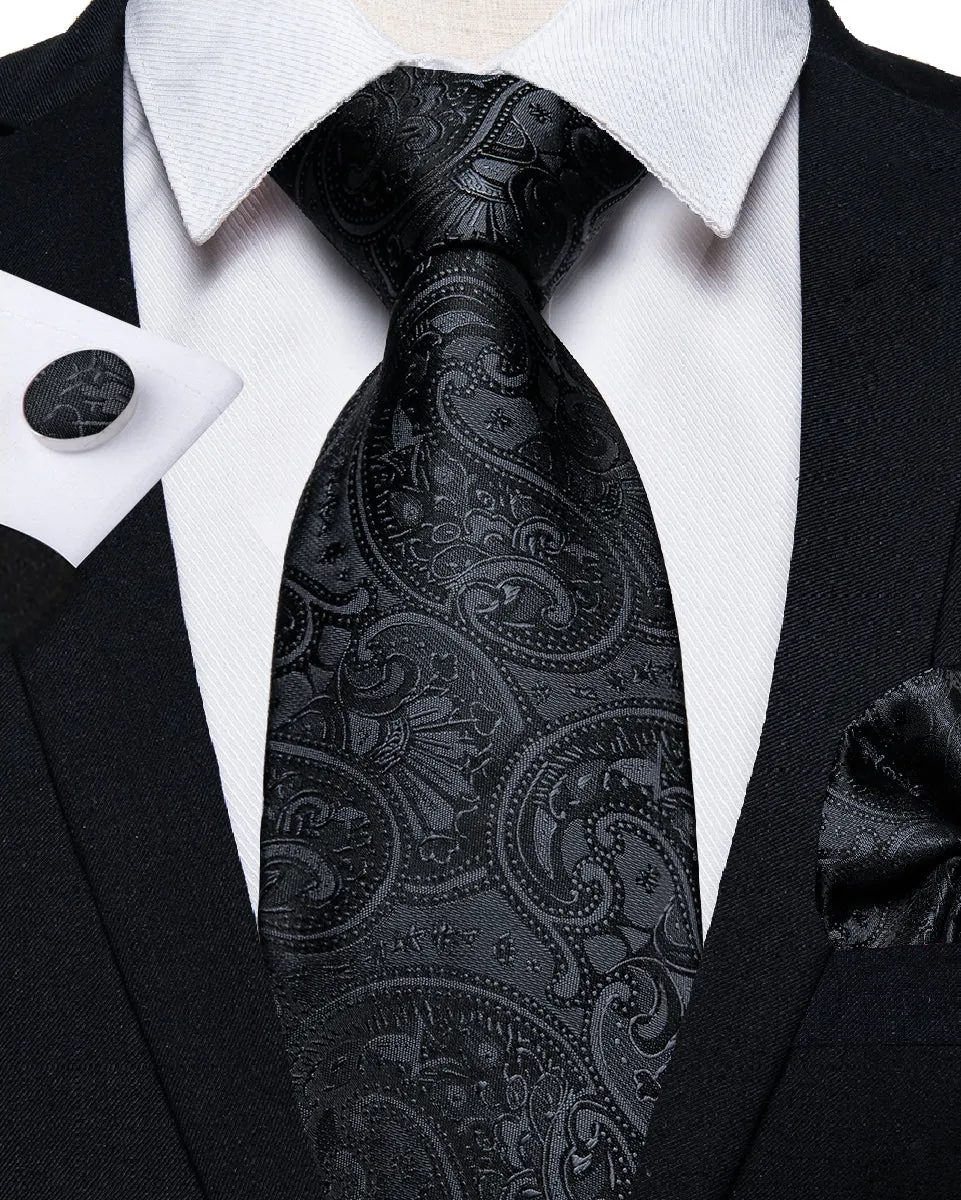 Bright Black Paisley Tie Hanky Cufflinks Set