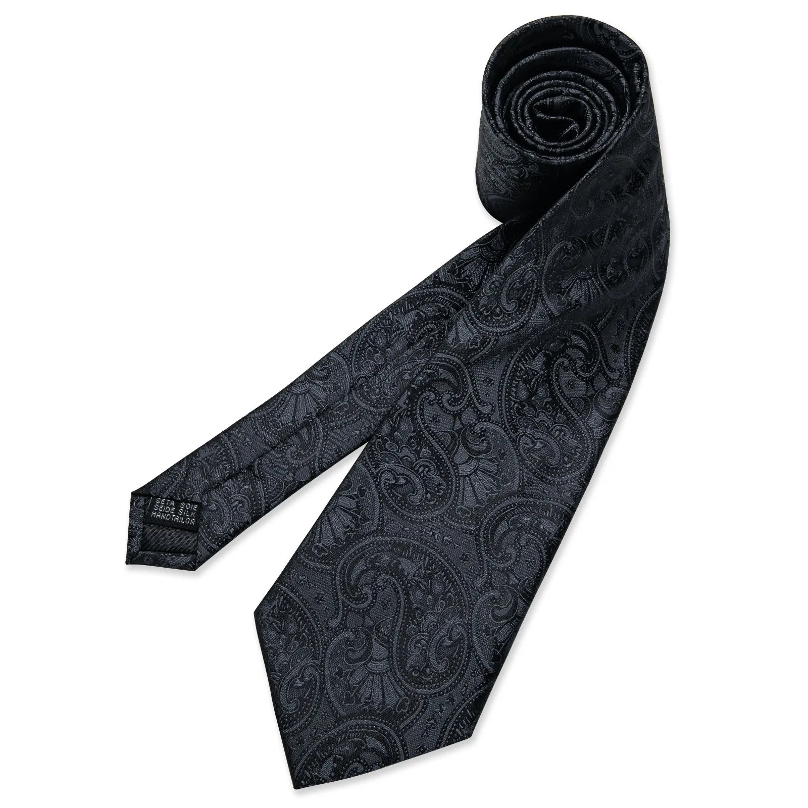 Bright Black Paisley Tie Hanky Cufflinks Set