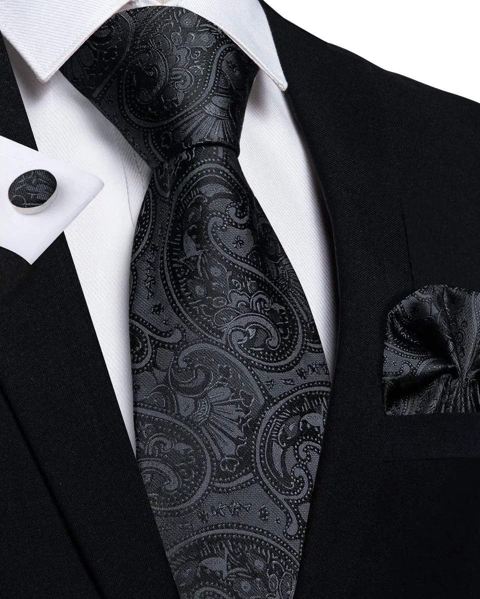 Bright Black Paisley Tie Hanky Cufflinks Set