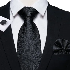 Bright Black Paisley Tie Hanky Cufflinks Set