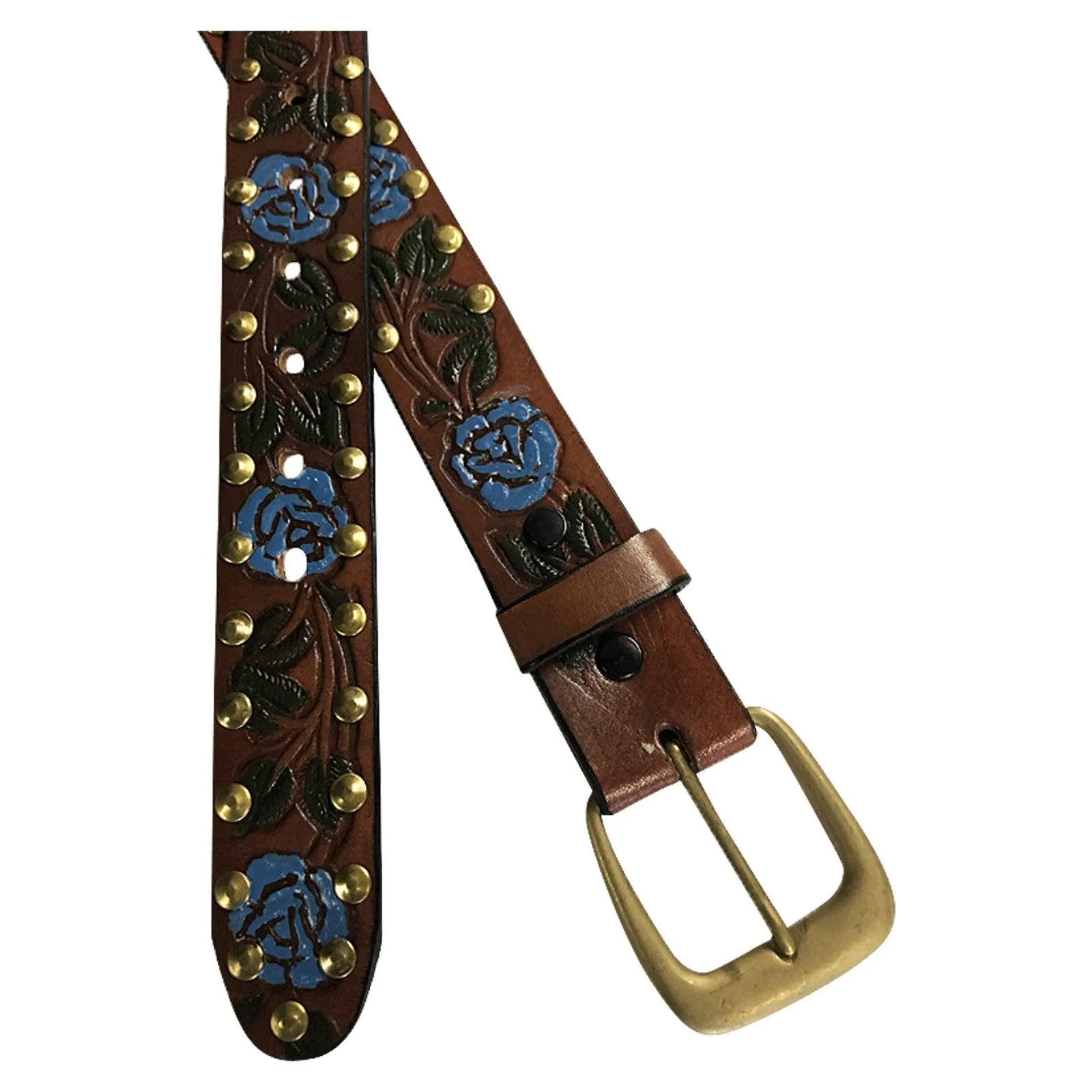 Brown Tooled Genuine Leather Western Belt with Blue Roses