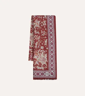 Burgundy Mughal Elephants Print Wool-Silk Scarf