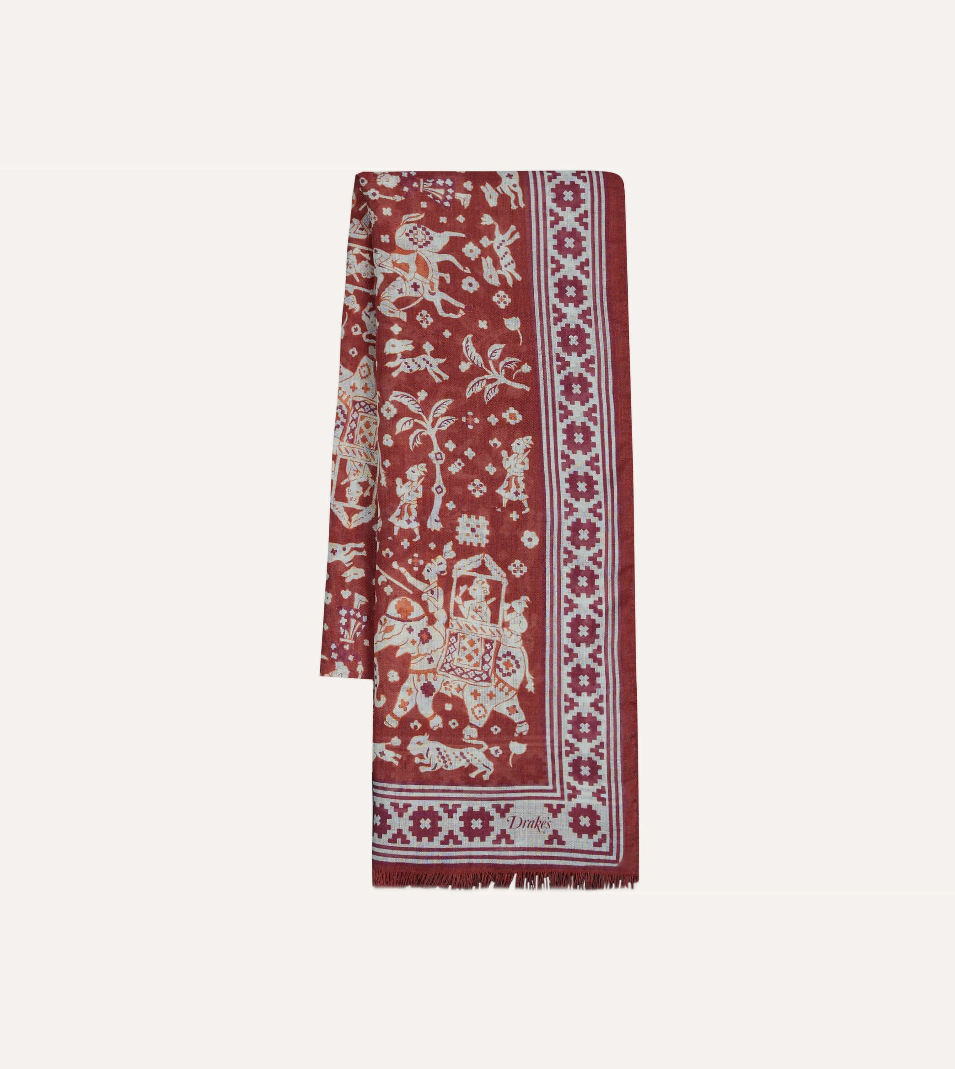 Burgundy Mughal Elephants Print Wool-Silk Scarf