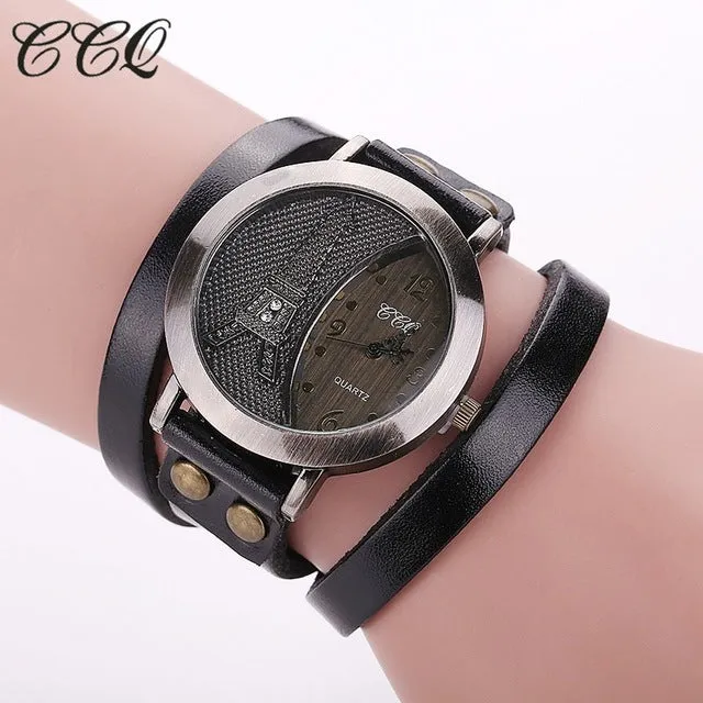 CCQ Brand Vintage Tower Watch Genuine Leather Bracelet Watches Casual Women WristWatch Quartz Watch Relogio Feminino 1292