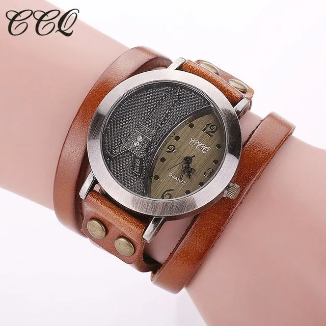 CCQ Brand Vintage Tower Watch Genuine Leather Bracelet Watches Casual Women WristWatch Quartz Watch Relogio Feminino 1292