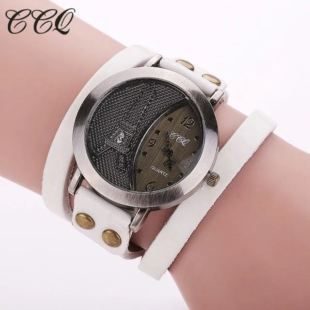 CCQ Brand Vintage Tower Watch Genuine Leather Bracelet Watches Casual Women WristWatch Quartz Watch Relogio Feminino 1292