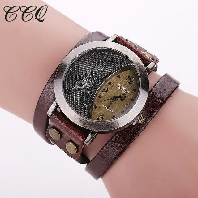 CCQ Brand Vintage Tower Watch Genuine Leather Bracelet Watches Casual Women WristWatch Quartz Watch Relogio Feminino 1292