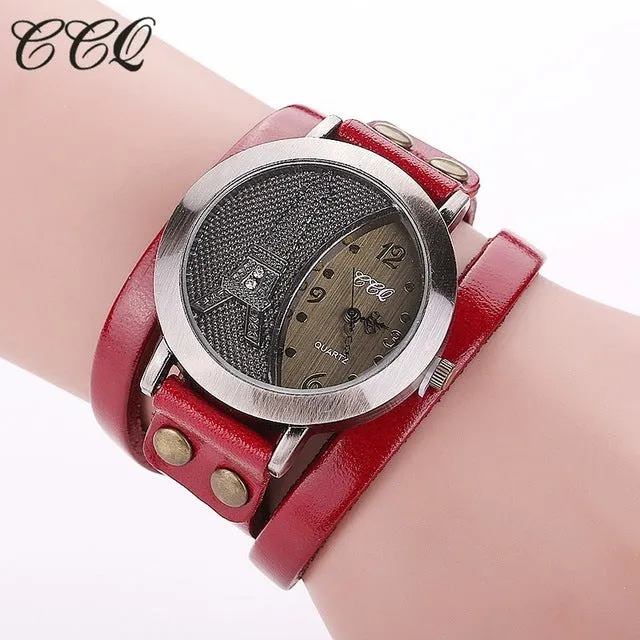 CCQ Brand Vintage Tower Watch Genuine Leather Bracelet Watches Casual Women WristWatch Quartz Watch Relogio Feminino 1292