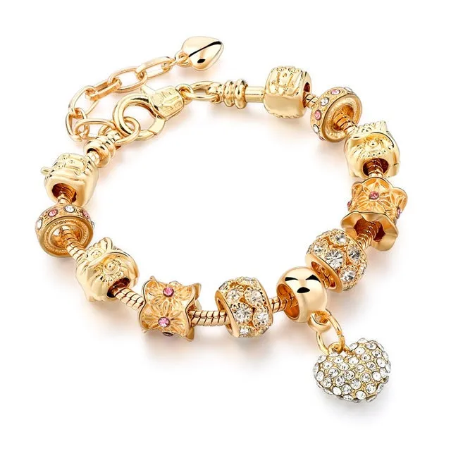 CHICVIE Gifts Gold color Crystal Heart Charm Bracelets & Bangles for Women Trendy Bracelet Femme Jewelry Sbr160056