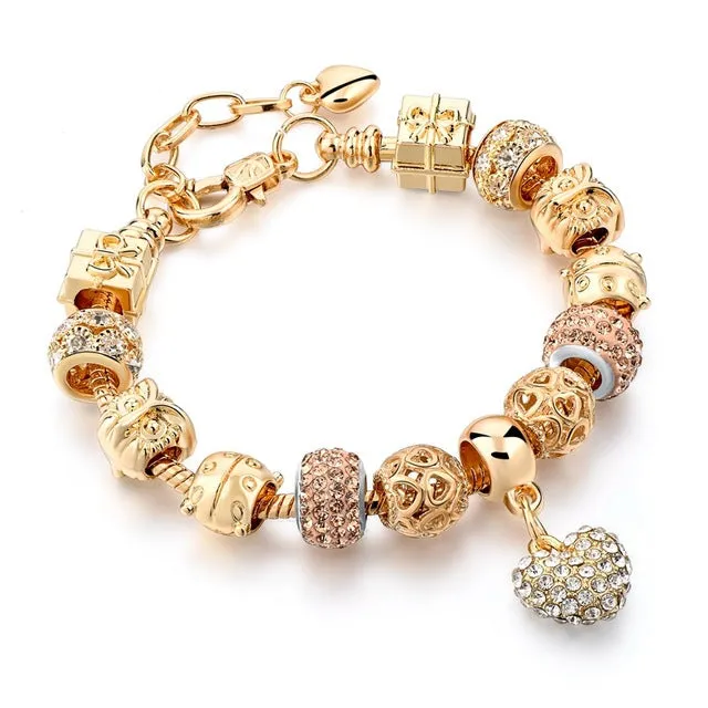 CHICVIE Gifts Gold color Crystal Heart Charm Bracelets & Bangles for Women Trendy Bracelet Femme Jewelry Sbr160056