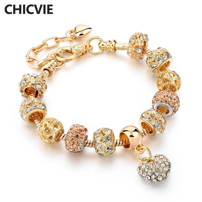 CHICVIE Gifts Gold color Crystal Heart Charm Bracelets & Bangles for Women Trendy Bracelet Femme Jewelry Sbr160056