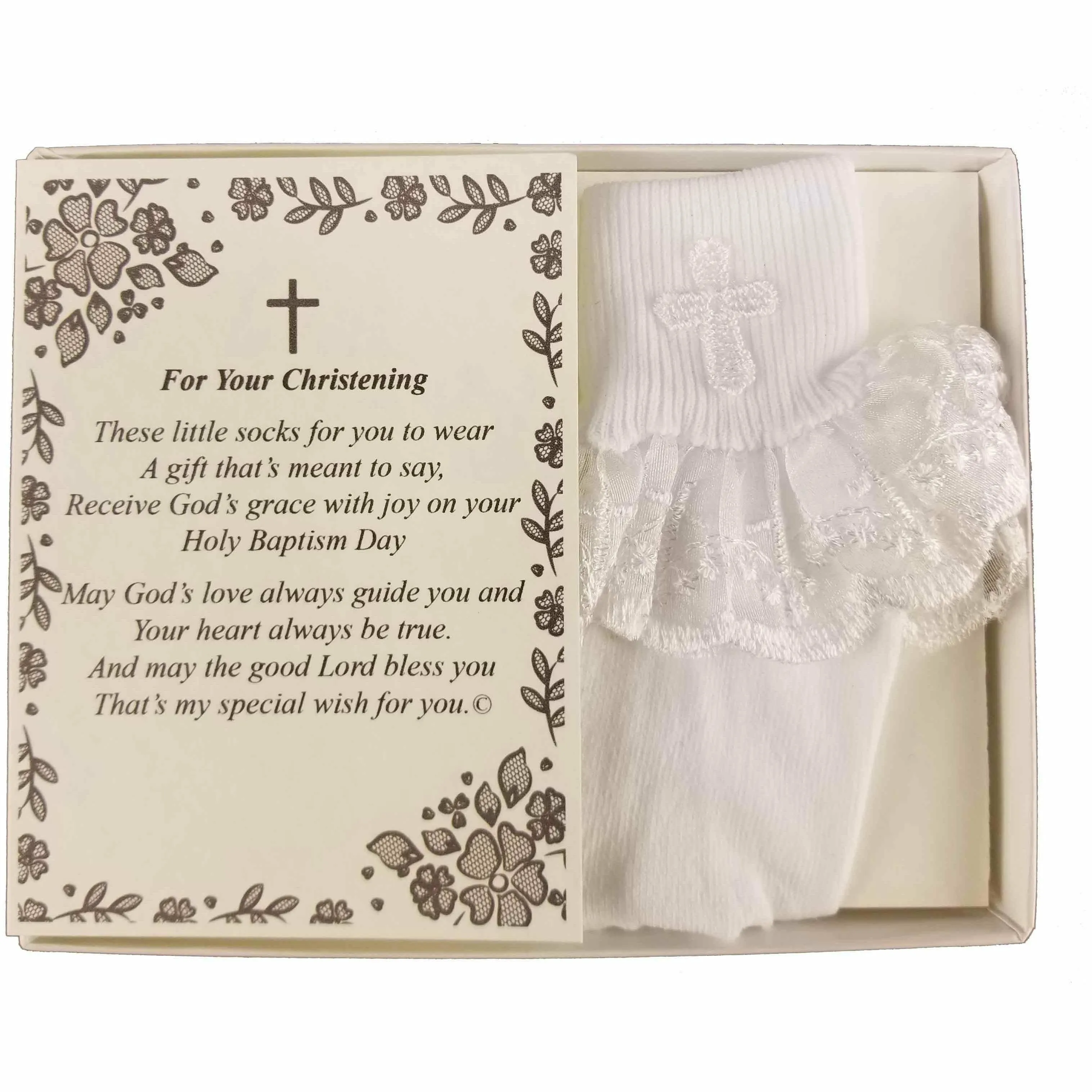 Christening Dedication Keepsake Gift Poetry Baby Girl Socks with Ruffled Anklet Lace Embroidered Cross Design (Size: Age 1-2)