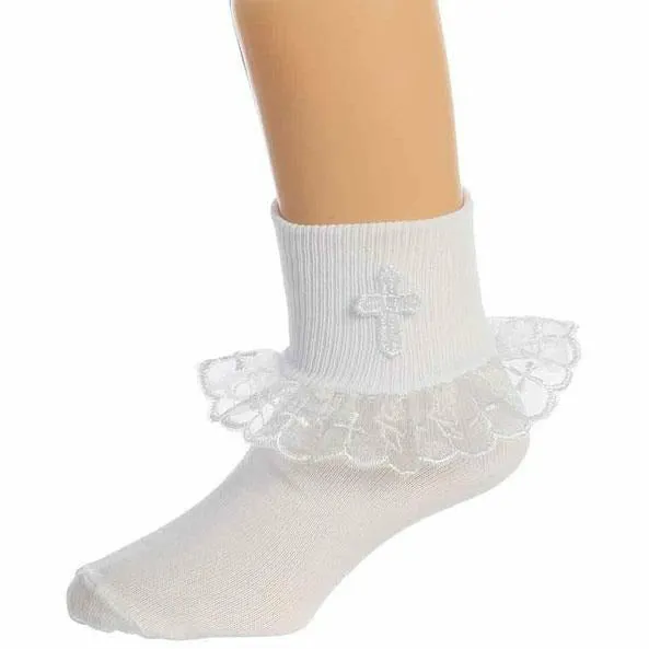 Christening Dedication Keepsake Gift Poetry Baby Girl Socks with Ruffled Anklet Lace Embroidered Cross Design (Size: Age 1-2)